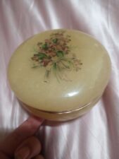 Genuine Alabaster Hand Carved Round Trinket Hinged Box Made in Italy Floral picture