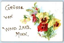 Woodlake Minnesota MN Postcard Grusse Von Embossed Flowers Leaves 1909 Antique picture