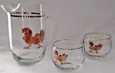 Gold and Red Rooster Cocktail/Juice Pitcher with 2 Roly Poly Glasses. picture