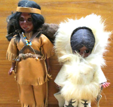 Vtg Native American Dolls Inuit Eskimo Plastic Leather Fur Bedroll Beads Indian picture