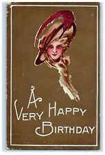 1910 Happy Birthday Greeting Beautiful Girl Feather Hat Posted Antique Postcard picture