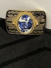 Vintage Western Belt Buckle With Blue & White Brooch Very Unique picture