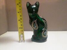 Fenton Green Glass Hand Painted Floral Cat Figurine Signed picture