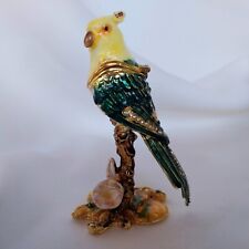 Enamel Rhinestone Cockatiel on Branch Hinged Trinket Ring Pill Box Hand Painted picture