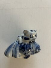 Kitten Blue & White Porcelain Cat Sitting On Top Of Fish Cute Figurine picture
