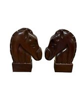 Pair Of Mahogany Horse Head Bookends Solid Wood Carved Vintage Equestrian RARE picture