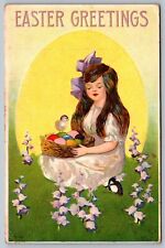Antique Easter Postcard Girl Chick Colored Eggs Snowdrop Flowers Embossed J6 picture
