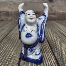 Porcelain Happy Buddha Statue Vintage Chinese Blue & Gold 5