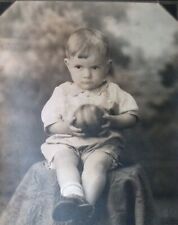 C.1930s Photo Racine WI Studio Adorable Boy Child W Wood Toy Ball Portrait C110 picture