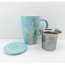 Davids Tea Nordic Mug Infuser Strainer Lid Drink Tea Light Blue Gold Tree Berrie picture