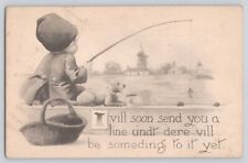 Postcard Artist Sketch Young Boy Fishing With Pet Dog Vintage Antique 1912 picture