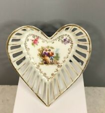 Vintage Heart Shaped Cut-Out Design Porcelain Trinket Dish w/ Victorian Couple picture
