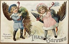 Thanksgiving Children Carrying Turkeys Embossed Antique Postcard c1910 picture