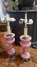 Antique Pair of Pink Art Opaline Glass Mantle Luster Lamps picture
