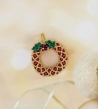 Mini Wreath 3D Christmas Ornament Handmade Beaded Red and Gold picture