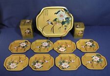 Vintage Colorful Tea Tray Set with 2 Tea Canisters Golden Color Bird Flowers picture
