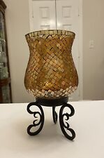 Vintage Amber Gold Hurricane Lamp Candle Holder Glass Mosaic Tiles Black Stand picture