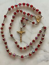 Vtg Filigree Capped Caged Aroura Red Glass Bead Rosary BLESSED MOTHER & Crucifix picture