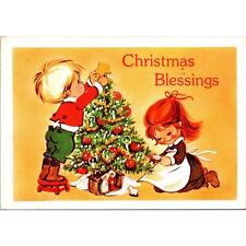 Vintage Christmas Blessings Postcard 1981 Children Decorating Tree Nativity Set picture