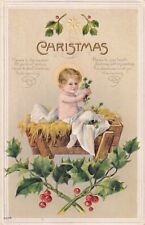 Vintage Christmas Postcard 1915 Baby Jesus Cradle Angel Cherub Mistletoe Berry picture
