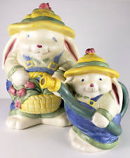 Vtg Pair Treasure Craft Usa Bunny Rabbit water hose teapot gardener cookie jar picture