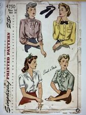 Vintage 1943 Simplicity 4750 Size 18 Blouses One From Mens Shirt Tie Collar Bow picture