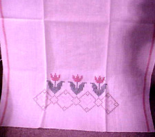 Vintage Embroidered Linen Hand Towel Cross Stitch Tulips picture