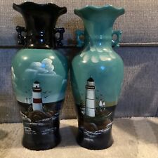 2 handpainted ceramic lighthouse vases ocean sea scape scene 12