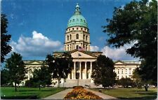 State Capitol Topeka Kansas Front View US Flag Flower Bed Entrance Cars Postcard picture