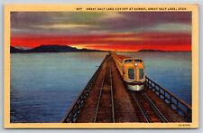 Great Salt Lake Utah~Great Salt Lake Cut-Off @ Sunset~Linen Postcard picture