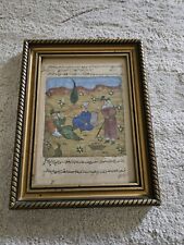 18th Century Painted Picture Text Book Page Arabian Desert Scene Gold Gilt Wood picture