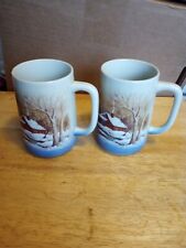 Two Vintage Cups OTAGIRI Stoneware Cabin Country Winter Season Coffee Tall Mugs picture