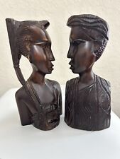 Hand Carved Hard Wood African Art Head Bust Sculpture Male & Female Figurines picture
