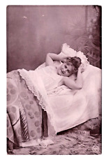 Victorian Pretty Woman in Bed Pose Lace Sheets Fur Rug RPPC Real Photo Postcard picture