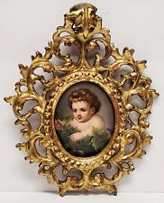 Antique 1860's Hand Painted Porcelain Gilt Wood Florentine Frame Wall Hanging picture