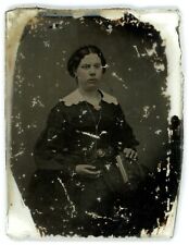CIRCA 1860'S Hand Tinted Ambrotype Beautiful Woman In Dress Holding A Book picture