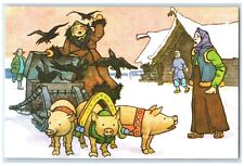 Father Frost Russian Folk Lore Fairytale #12 Pigs Pulling Cart Birds Postcard picture