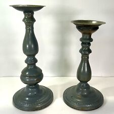 Pair Large Distressed Candle Stick Holders Painted Metal Antique Blue Brown Farm picture
