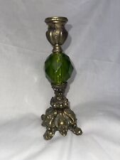 Vintage Hollywood Regency Brass Metal Green Lucite Candlesticks Candle Holder picture