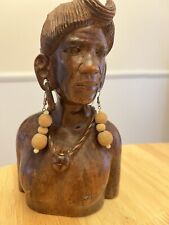 Hand Carved African Tribal Naked Bust Woman with Tribal Earrings Vtg Read picture