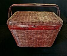 Vintage Picnic Basket with Handles, Woven Wicker Storage, and Plate Holders  picture