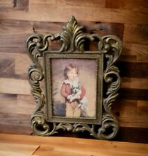 Italian Bronze Ornate Framed in Glass Boy & Dog Picture vintage Victorian Art picture
