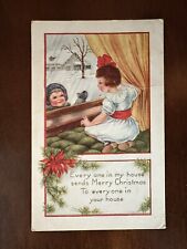 Vintage Christmas Postcard  Children  One Looking Outside Window Snowing H09 picture
