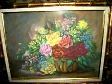 FLORAL ROSES OIL PASTEL PAINTING GILT FAUX BAMBOO WOOD FRAME HOLLYWOOD REGENCY picture