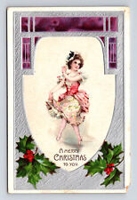1907 Victorian Woman Dancing Floral Dress Merry Christmas Snyders PA Postcard picture