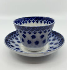 Antique Flow Blue Amish Snowflake Pattern Handleless Tea Cup With Saucer picture