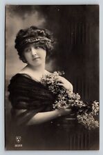 c1918 Lovely Young Lady Nice Hairstyle Floral Studio Photo ANTIQUE Postcard picture