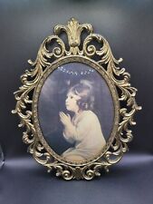 Vtg Large Ornate Italian Brass Picture Frame Bubble Glass Child Praying Print picture