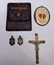 1932 Antique MY GUARDIAN Leather Pocket Case SCAPULAR Medals, Crucifix, Charms picture