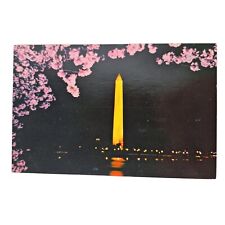 Postcard The Washington Monument At Night Blooming Cherry Trees Chrome Unposted picture